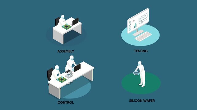 Semiconductor Manufacturing Process and Cleanroom Engineers Isometric Concept 3d animation cartoon