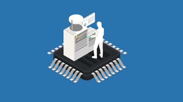 Microchip Manufacturing with Cleanroom Engineer and Machinery Isometric Concept 3d animation cartoon
