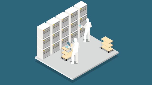 Semiconductor Silicon Wafer Processing in Cleanroom Isometric Concept 3d animation cartoon