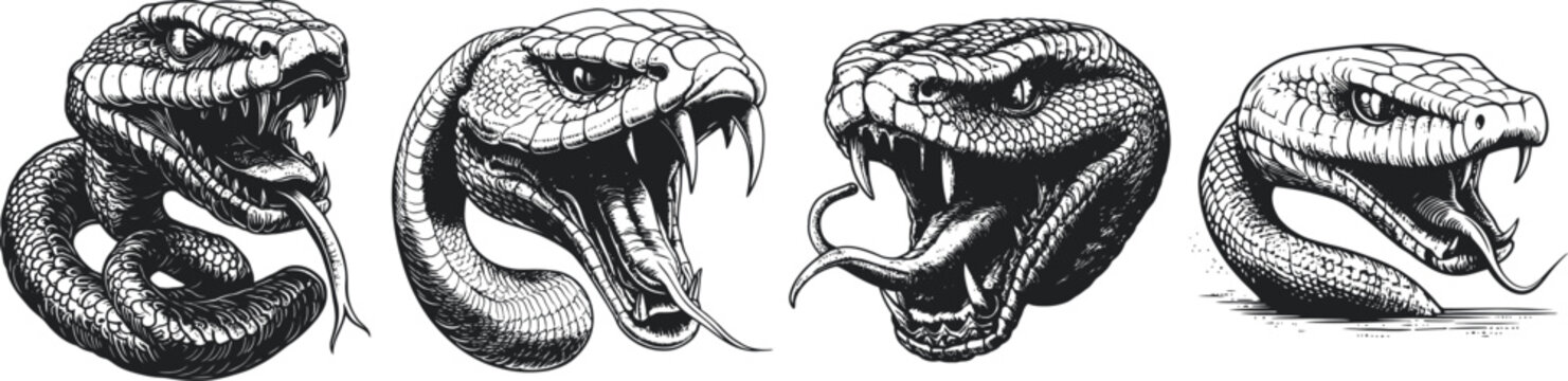 A detailed series of four black-and-white illustrations of snake heads in different poses, showcasing open and closed mouth, emphasizing fierce and natural reptile features.
