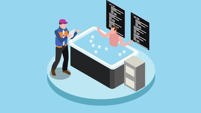 Isometric Man Taking Ice Bath Therapy with Coach and Data Screens 3d animation cartoon