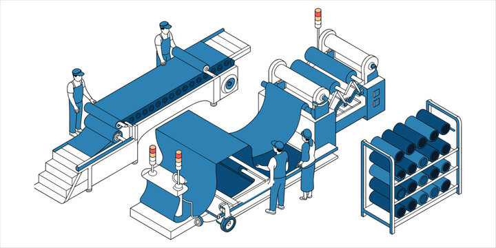 Isometric view of textile factory production line with workers, fabric rolls, and heavy machinery on a white background
