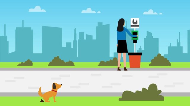 Woman Pulling Waste Bag from Dog Poop Station in City Park cartoon animation