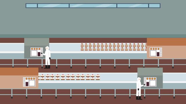 Automated Factory Conveyor Belt with Workers in Protective Suits cartoon animation