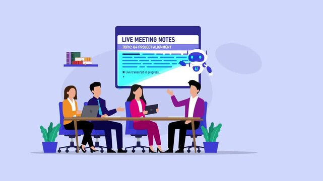 AI Assistant Generating Live Meeting Notes and Summary for Business Team cartoon animation