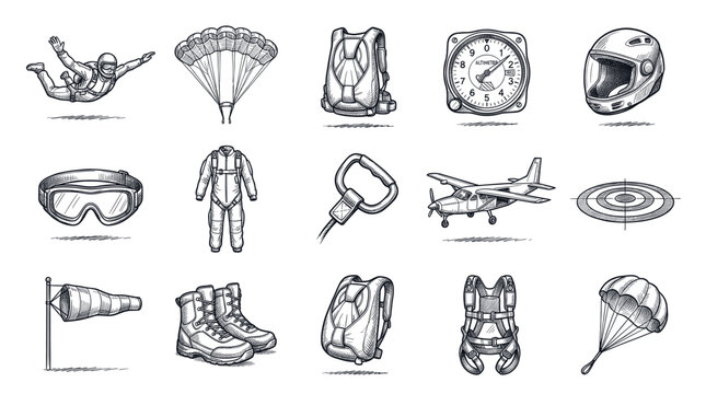 Skydiver equipment and accessories, including a parachute, helmet, goggles, and altimeter, depicted in a detailed line art style on a clean white background