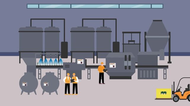 Automated Brewery Production Line with Factory Workers and Forklift cartoon animation