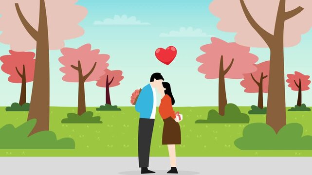 Romantic Couple Exchanging Secret Valentine Gifts and Flowers in Spring Park cartoon animation