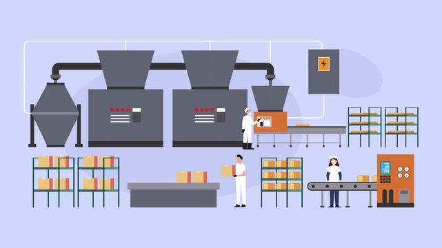 Automated Bread Factory Production Line with Workers and Packaging Conveyor Belts cartoon animation