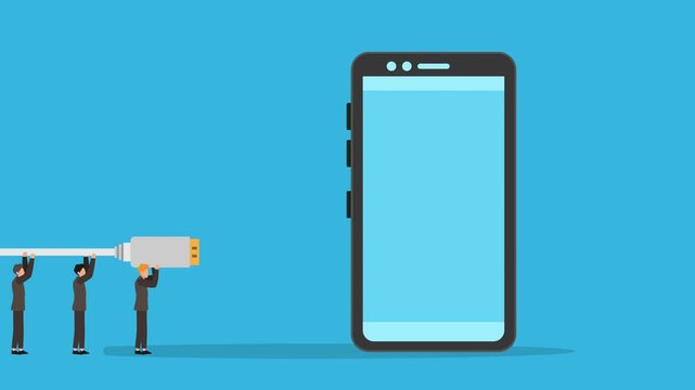 Businessmen Carrying Big USB Cable to Connect to Smartphone Technology Concept cartoon animation