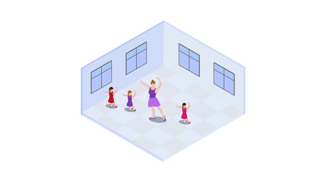 Isometric Ballet Dance Class with Female Instructor and Little Girls 3d animation cartoon