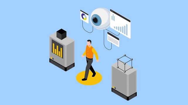 Computer Vision and AI Monitoring System in Industrial Automation 3d animation cartoon