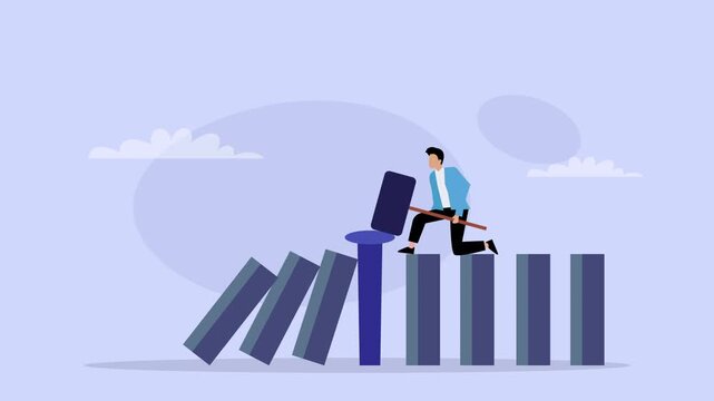 Businessman Using Hammer to Stop Domino Effect and Crisis cartoon animation