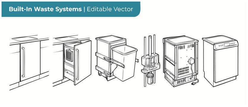 Built in waste system vector diagram depicting kitchen trash compactor pull out recycling bin under cabinet sliding mechanism assembly schematic engineering blueprint line art technical drawing plans.
