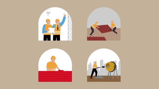 Construction Workers and Engineers Building Infrastructure cartoon animation