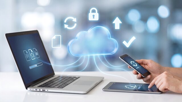 Cloud backup and file upload synchronization across laptop smartphone and tablet devices, secure data transfer with padlock protection, multi device sync service and storage connection technology