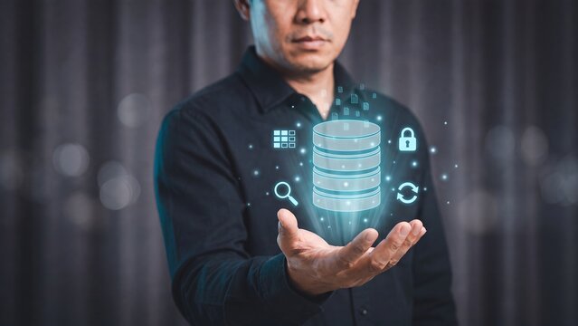 Database management and big data storage in hand, secure information system with padlock protection and file search, SQL server administration, record backup and digital synchronization technology