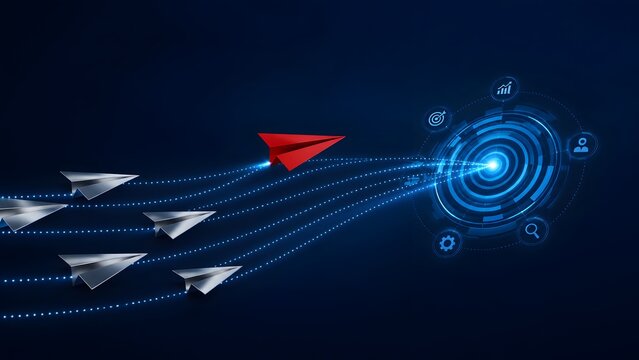 Red paper plane boldly leading a group towards a glowing digital target, illustrating innovative business strategy, leadership, and achieving success.