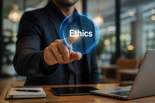 A man in a suit points to a glowing "Ethics" graphic on a desk with a laptop.