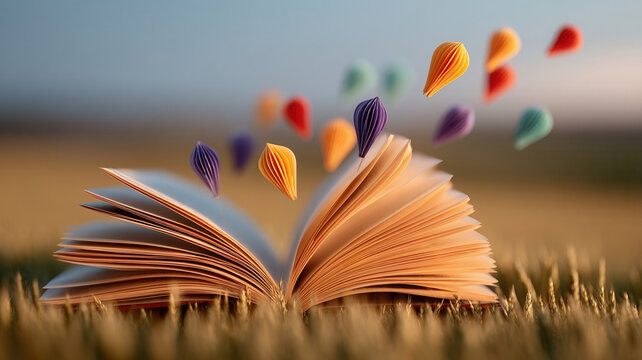 Open book colorful paper page grass imagination learning concept business education open book with colorful paper page grass suggesting