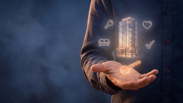 Condominium tower and apartment key handover in hand, residential skyscraper investment with furnished flat rental, high rise property ownership, tenant move in service and city housing approval
