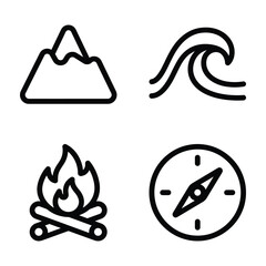 Adventure and travel icons set featuring mountain wave campfire and compass symbols mountain campfire adventure exploration navigation © Julhash