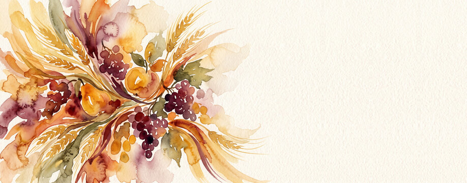 Autumn harvest watercolor banner with apples, pear, wheat ears and bunches of grapes, copy space