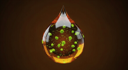 Obraz premium Dynamic conceptual rendering of an amber liquid droplet infused with bright green glowing particles, symbolizing advanced scientific formulations, biotechnology, and microscopic discovery processes