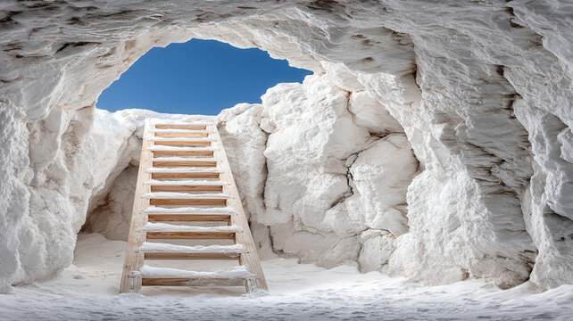 Cave ladder salt mine white mineral passage business concept escape route toward blue sky and rough natural texture