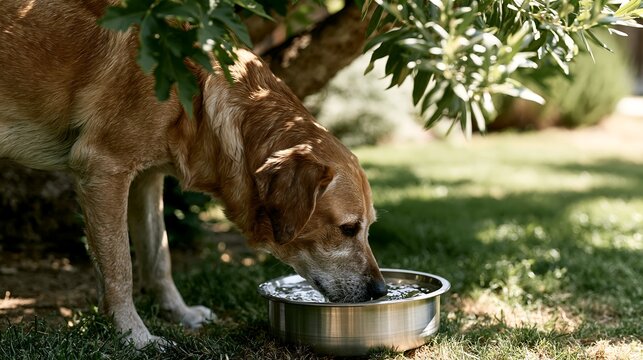 Senior dog drinking fresh water in the shade during a heatwave to prevent dehydration and heat stress in hot summer weather