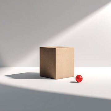Minimalist cardboard box and red sphere with dramatic shadows for shipping and creative logistics concepts