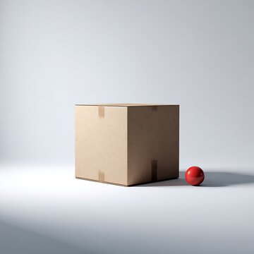 Cardboard box with red ball on white background for creative thinking and business logistics