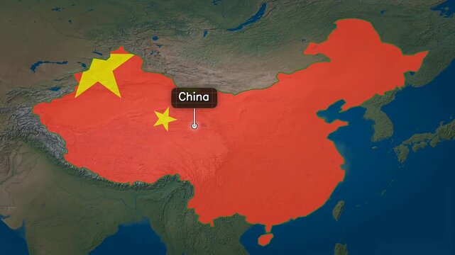 World Map Animation Showing Travel Route Transition From USA To China With Flag Marker Pin And Location Label On Ocean Background For Geography Tourism Vacation Destination Journey