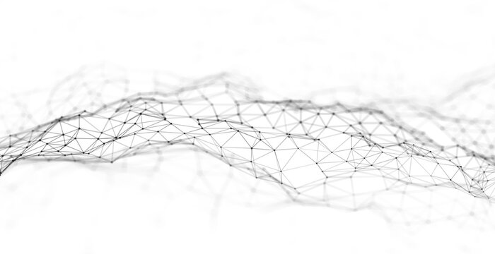 Black polygon network wave on white background with connected nodes and thin lines. Clean abstract technology image for data connection, communication and digital design.