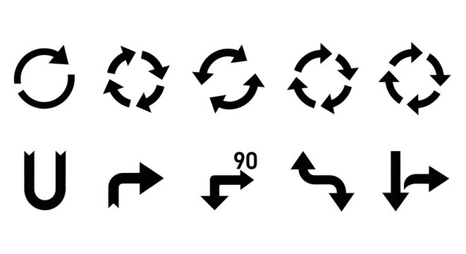 Set of Black Directional and Rotation Arrow Icons for Navigation, Refresh, and Process Flow Design Elements