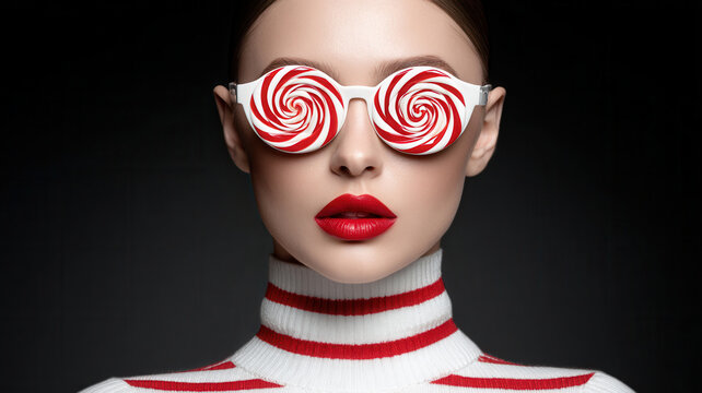 Candy woman eyewear red white fashion portrait striped candy eyewear on woman with bold lip for business concept