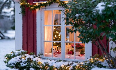 Fototapeta premium Snow covered house glowing warmly with Christmas decorations and a festive table view through window