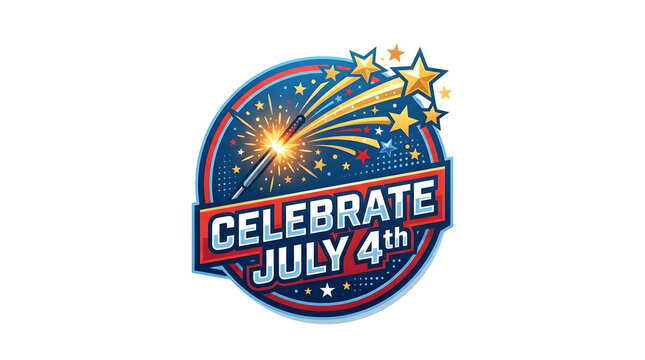 Colorful Independence Celebration Badge with Sparkler and Star Trail on Dark Background