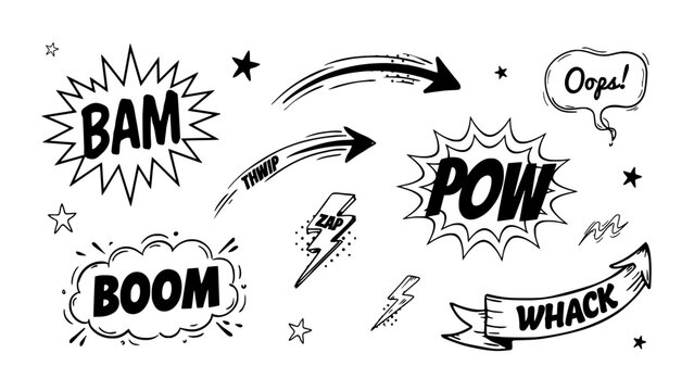 Comic Book Sound Effects with Words Like Bam, Boom, Pow, and Whack in a Hand-Drawn Style Featuring Illustration, Vector, Graphic