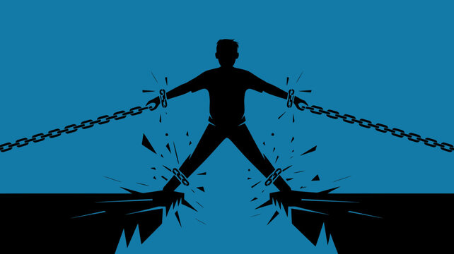 Silhouette of a man breaking free from chains on a cliff edge in a bold vector graphic illustration with a blue background and dynamic design elements.