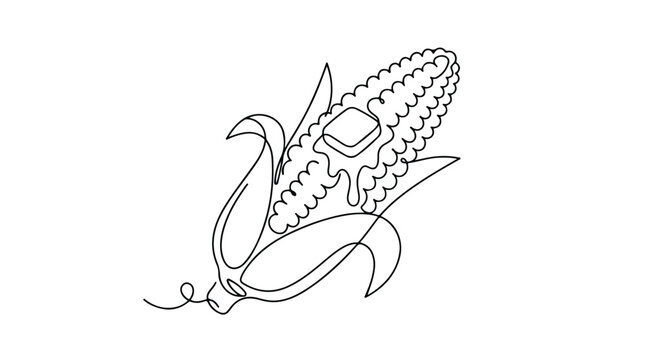 Minimalist continuous line drawing of corn on the cob with melting butter, single line art of sweet corn vegetable, modern food illustration vector