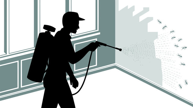 Pest control worker spraying insecticide to eliminate ants in a room with a backpack sprayer effectively removing unwanted pests from the area quickly