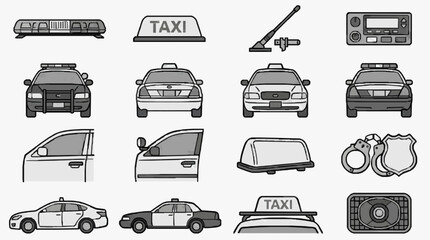 Dynamic Collection of Monochromatic Sketch Icons Featuring Various Vehicles Taxis Police Cars and Car Components © Ripa