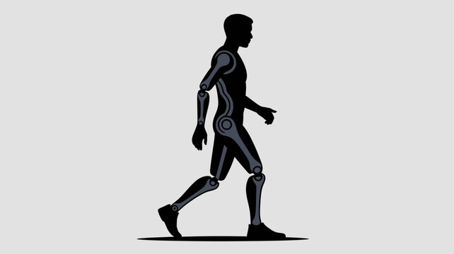 A futuristic robotic humanoid walks forward with mechanical limbs and a sleek design on a clean background with gray tones.