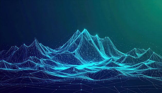 Abstract digital rendering of mountains with a network structure in glowing blue