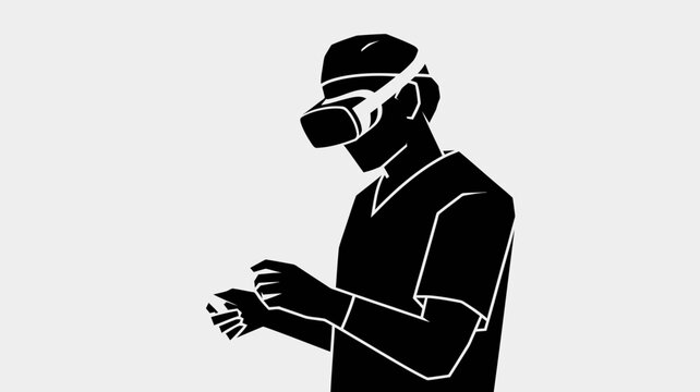 Black and white vector illustration of a man wearing virtual reality goggles and interacting with a device in his hands