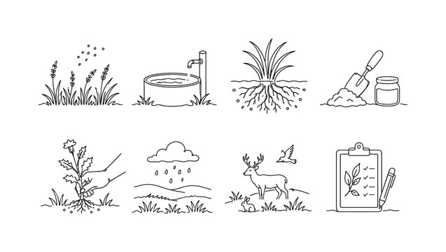 "Rangeland Recovery". Minimalistic set one-line drawing reseeded pasture, livestock water trough, grass root network, soil health sample, invasive weed removal, rain cloud over restored field,