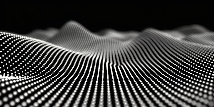 A futuristic digital landscape with wavy lines of white dots on a black background
