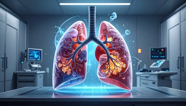 Artistic depiction of human lungs with glowing details, medical equipment, and a sterile lab setting