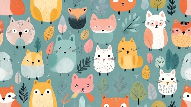 Seamless pattern with cute cartoon woodland animals and forest foliage. Whimsical illustration of foxes, cats, and birds for kids' design.